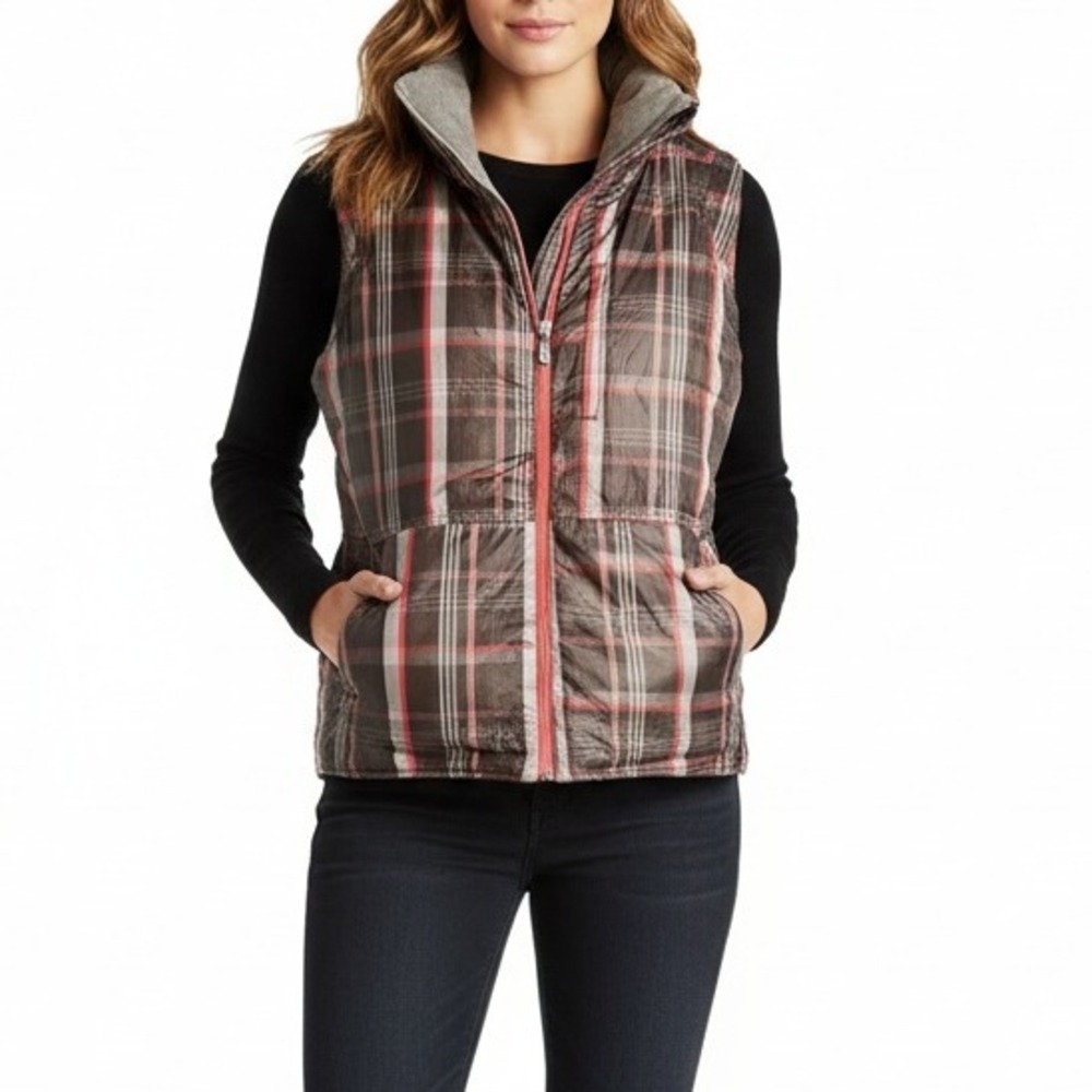 Reversible Plaid‎ Vest Gray Sleeveless Puffer Jacket Quilted Outerwear Layering